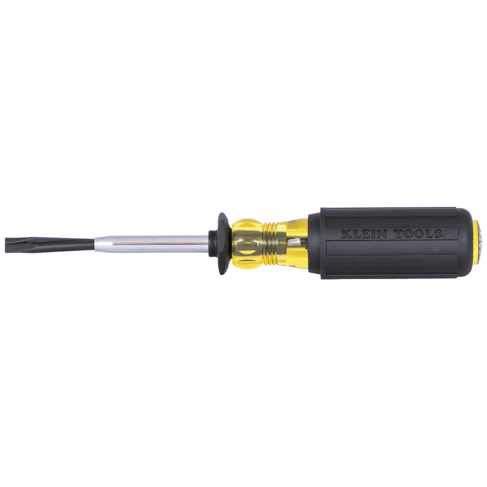 The Klein Tools 1/4-Inch Slotted Screw-Holding Screwdriver is designed with positive gripping action to hold, start and drive slotted screws in awkward, hard-to-reach places. The unique split-blade screw-holding driver can wedge into the screw slot. The exclusive Cushion-Grip handle offers greater torque and outstanding comfort.