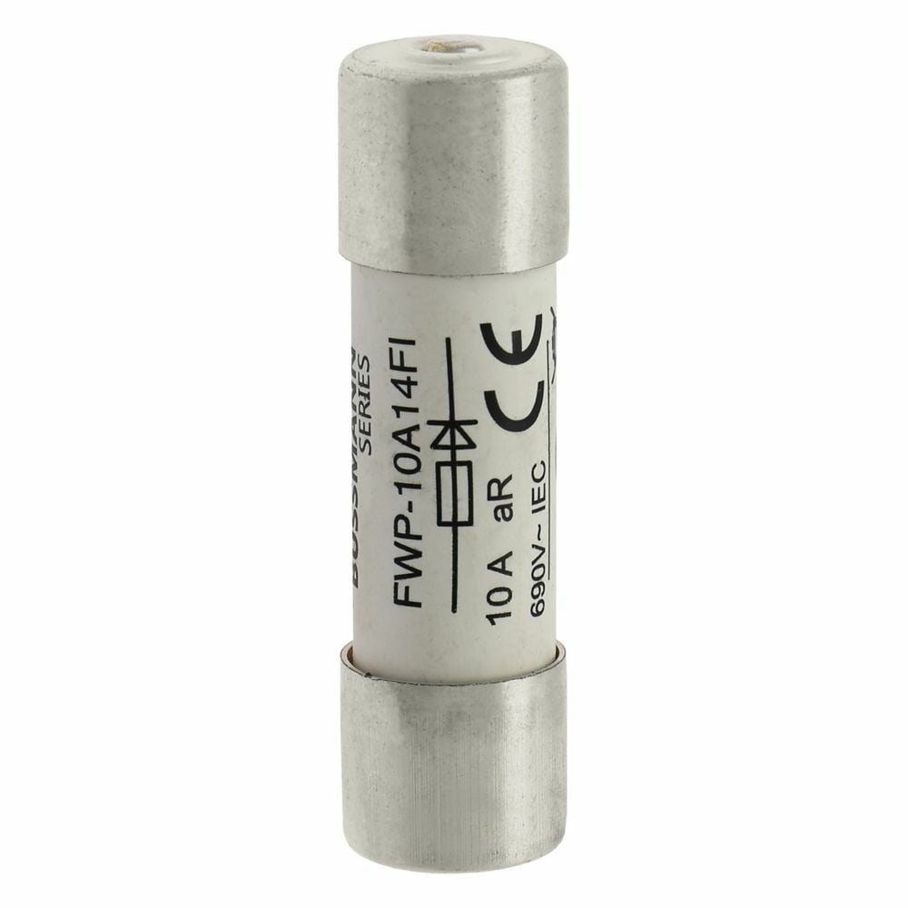 Eaton Bussmann series FWP high speed fuse, 690 Vac (IEC), 700 Vac (UL), 600 Vdc (UL), 10A, 200 kAIC at 700 Vac, 50 kAIC at 600 Vdc, With Indicator, High speed fuse, Ferrule end X ferrule end, Class aR, White, Ceremic