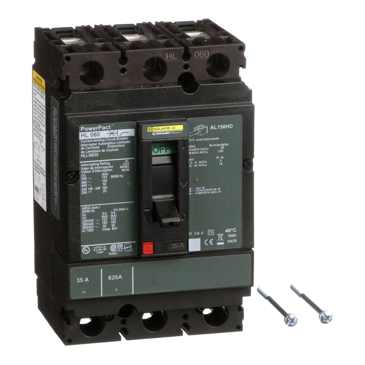 Circuit breaker, PowerPacT H, 35A, 3 pole, 600VAC, 50kA, lugs, thermal magnetic, 80%