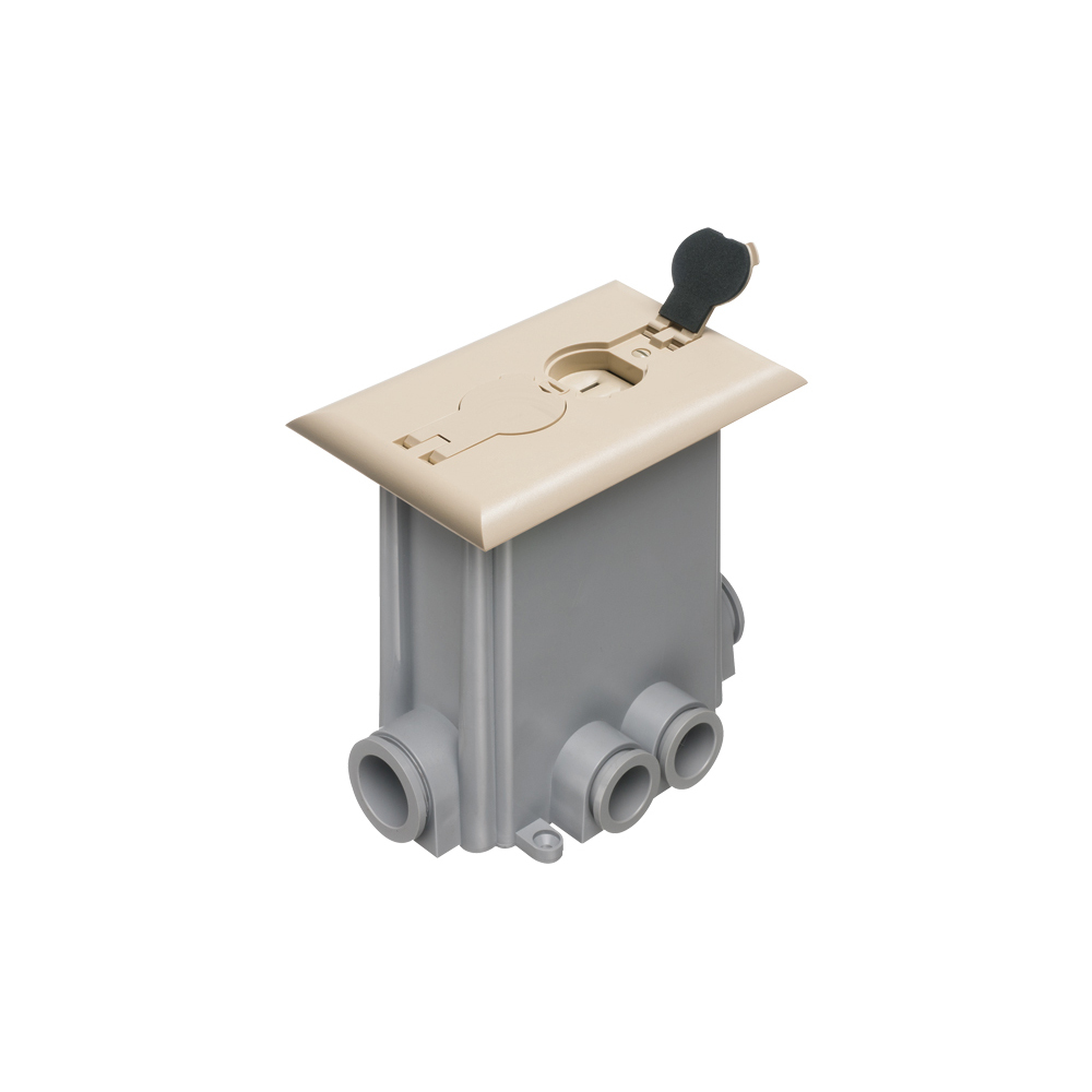 Non Metallic concrete floor box with non metallic covers for new concrete pours. Light Almond with flips lids. Includes Box, Mud Cover, Four 3-1/4 plugs, two 1" plugs, 1/8" spacer 1/4" spacer. one 1/2" spacer, one 3/4" spacer, Mounting bracket, Duplex receptacle, Gasketed cover plate.