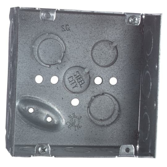 Square Box, 42 Cubic Inches, 4-11/16 Inches Square x 2-1/8 Inches Deep, 1/2 Inch and 3/4 Inch Eccentric Knockouts, Pre-Galvanized Steel, Welded Construction, Suitable for use without a Bonding Jumper in Circuits Above or Below 250 Volts