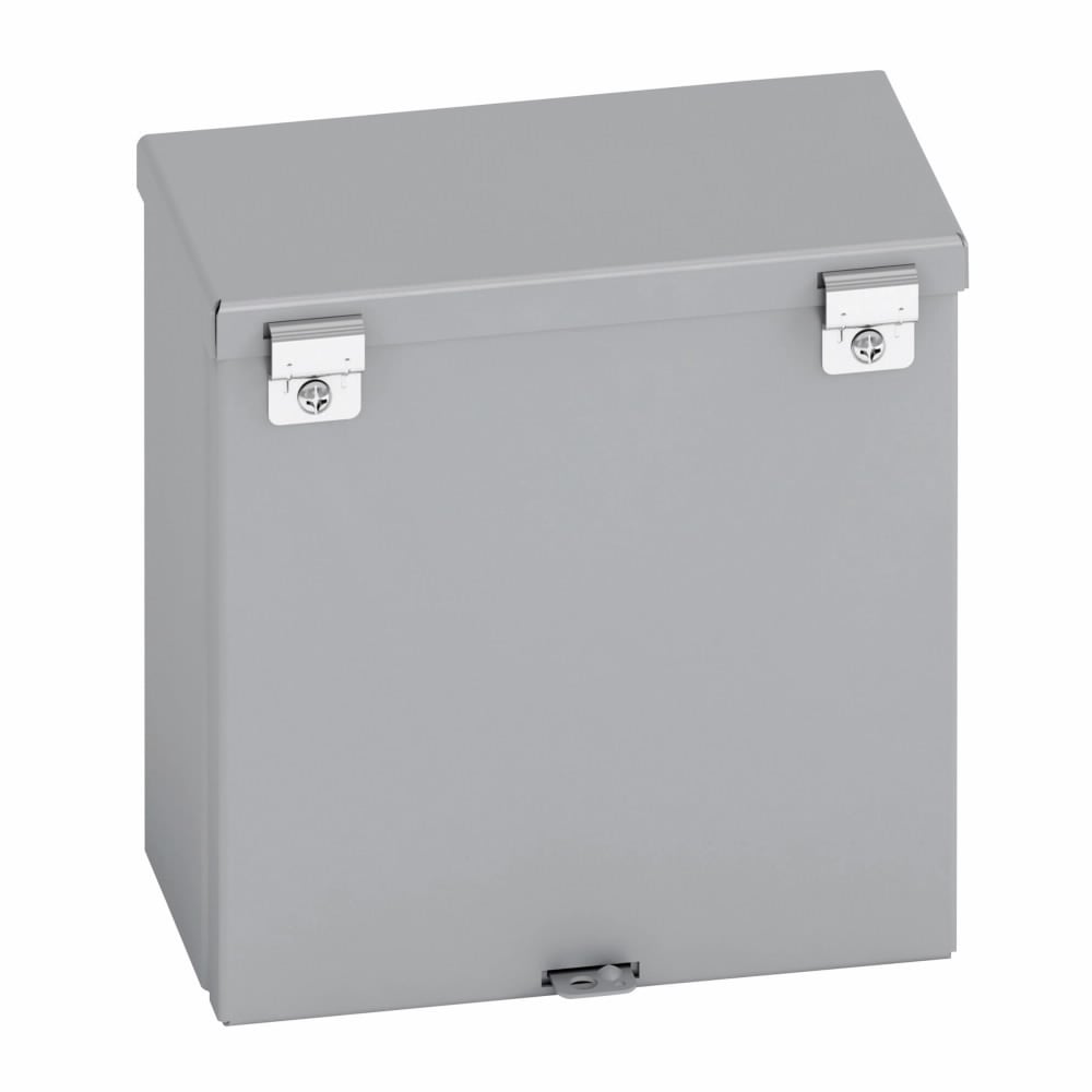 Type 3/3R junction boxes, 12" height, 6" length, 12" width, NEMA 3R, Hinged cover, RTHC enclosure, Surface mounted, Small single door, 5 knockouts, Embossed thru holes, Carbon steel
