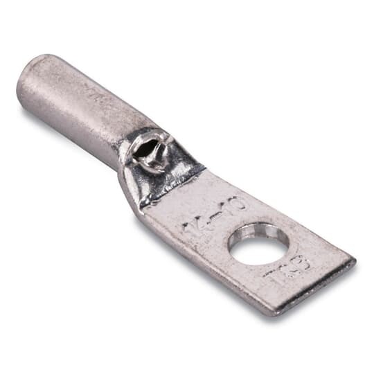 Copper One-Hole Lug, Standard Barrel, Peep Hole, Max 35KV, Wire Size 14-10 AWG, Bolt Size #8, Tin Plated, Die Code ERG2002, Die Color Code N/A