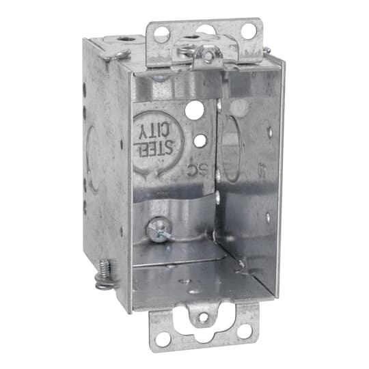 Gangable Switch Box, 14 Cubic Inches, 3 Inches Long x 2 Inches Wide x 2-3/4 Inches Deep, 1/2 Inch Knockouts, Pre-Galvanized Steel, Non-Metallic Cable Clamps (C-5) and Ears Flush, For use with Non-Metallic Sheathed Cable