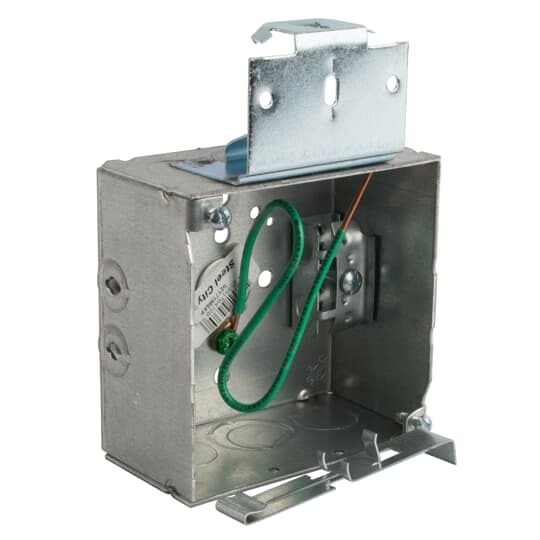 Square Box, 30.3 Cubic Inches, 4 Inch Square x 2-1/8 Inch Deep, 1/2 Inch and 3/4 Inch Eccentric Knockouts, Pre-Galvanized Steel, Welded Construction, Metal Stud Bracket, 10-1/2 Inch #12 AWG Solid Ground Wire Pigtail, and Armored Cable Clamp (C-3),  For use with armored/metal clad cable.