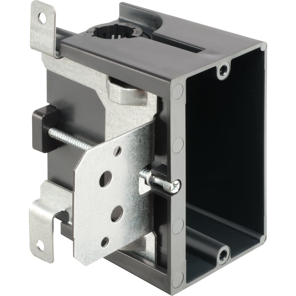 Non-Metallic box for new work/construction on shallow wall cavities. Adjustable for wall thicknesses from 1/4" to 1-1/2". Single Gang, Vertical, 18.3 cu. in. Low Profile.