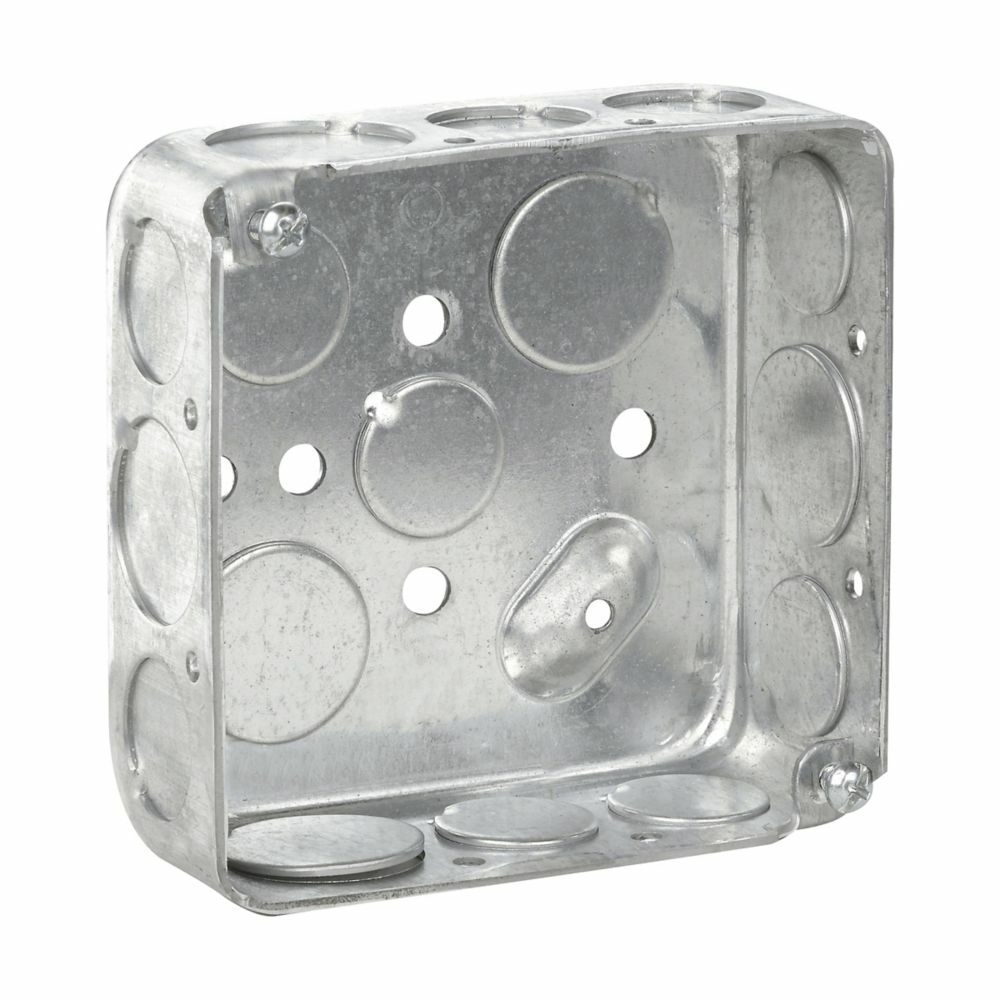 Eaton Crouse-Hinds series Square Outlet Box, (3) 1/2", (2) 3/4", 4", Conduit (no clamps), Drawn, 1-1/2", Steel, (8) 1/2", (4) 3/4", Includes ground screw with pigtail lead, 22.0 cubic inch capacity
