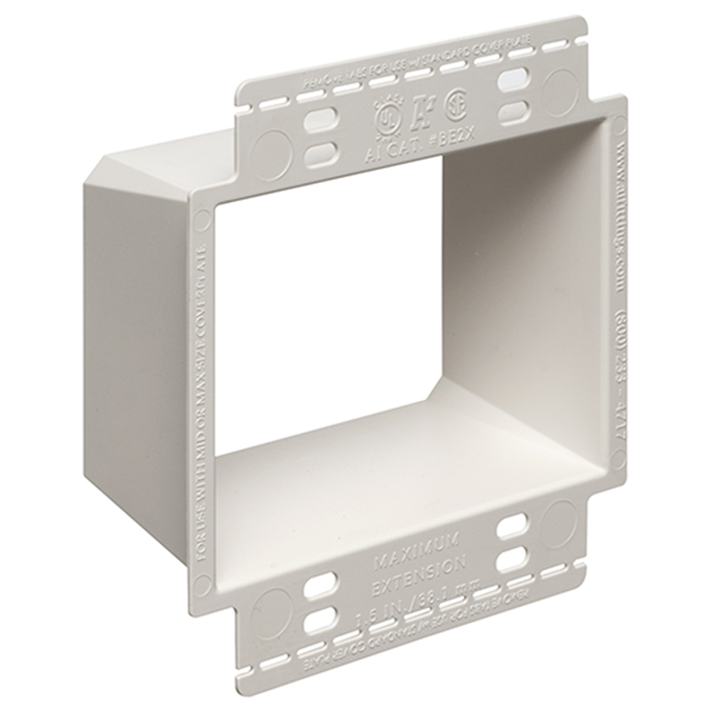 2 Gang non metallic box extender with larger perforated flanges. Larger flange gives better support for device. Extends boxes up to 1-1/2".