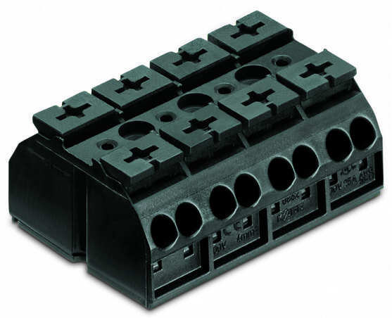 4-conductor chassis-mount terminal strip; 4-pole; without ground contact; for 3 mm ø screw and nut; 4 mm²; 4,00 mm²; black