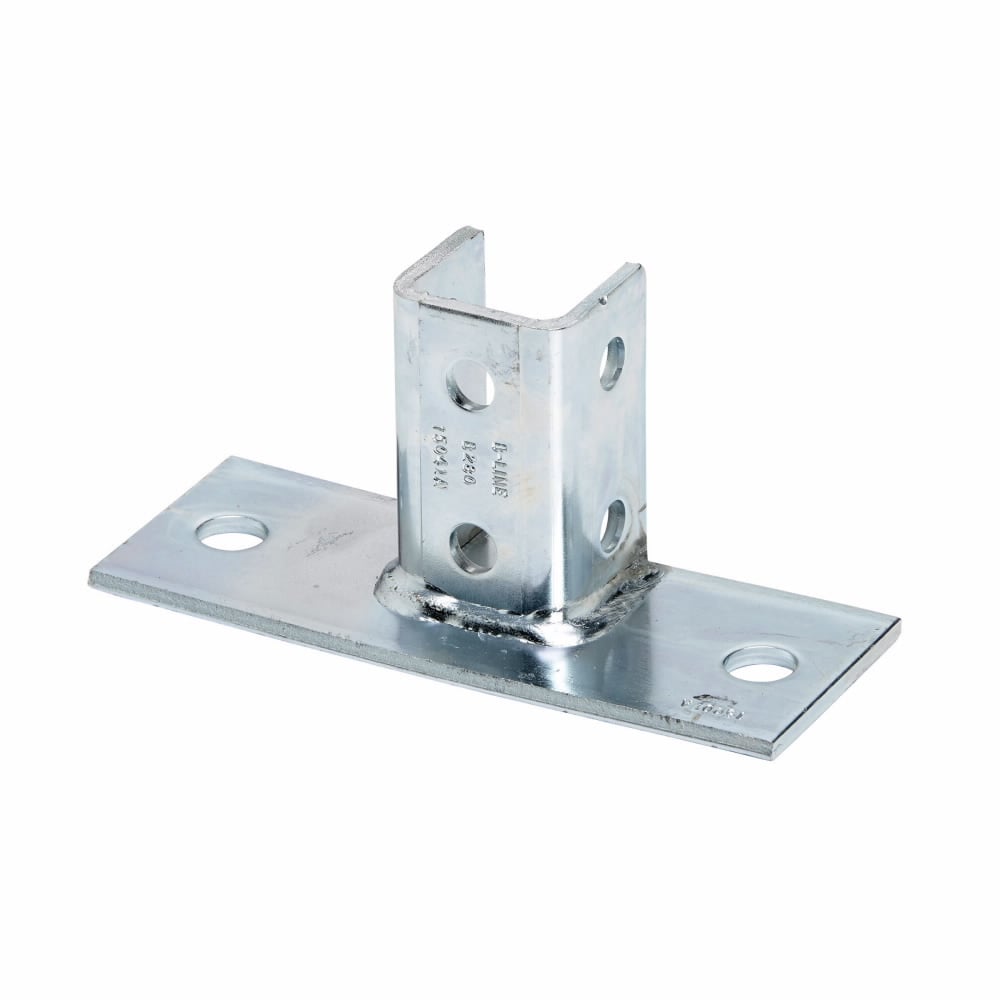 Eaton B-Line series post base, 3.5" H x 8" L x 3" W, Steel, Hot-dipped galv, Fits channel B22, Rectangular post base, flush to side