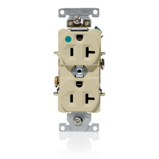 20 Amp, 125 Volt, NEMA 5-20R, 2P, 3W, Duplex Receptacle, Indented Face, Straight Blade, Fed Spec, Heavy Duty Hospital Grade, Self-Grounding, Back & Side Wired, Steel Strap  IVORY