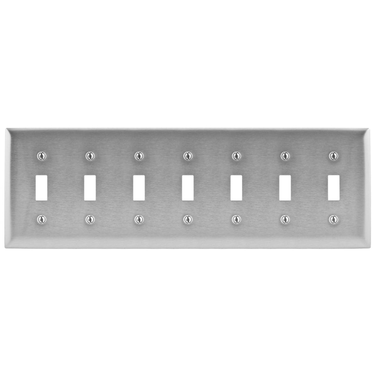 Wallplates and Boxes, Metallic Plates, 7- Gang, 7) Toggle Openings, Standard Size, Stainless Steel