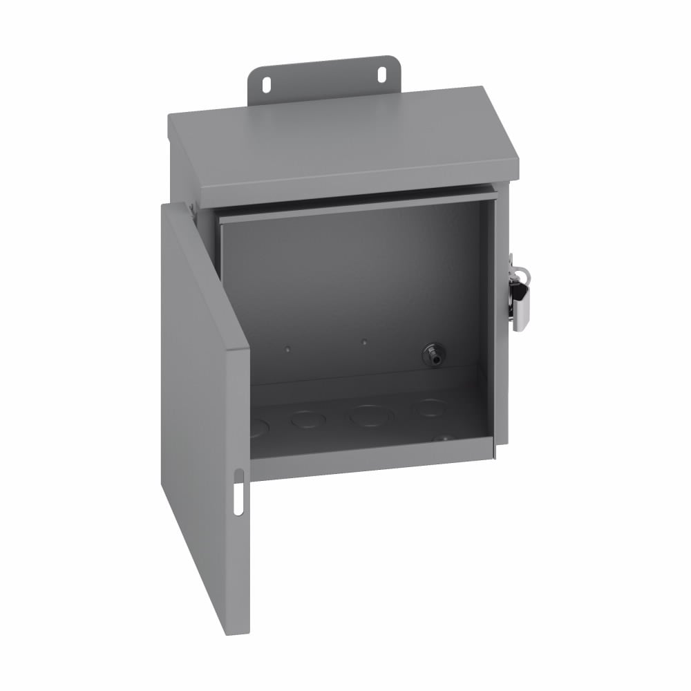 Eaton B-Line series Type 3/3R panel enclosures, 12" height, 6" length, 12" width, NEMA 3R, Hinged cover, RHC enclosure, Wall mount, Small single door, 5 bottom knockouts, External mounting feet, Carbon steel