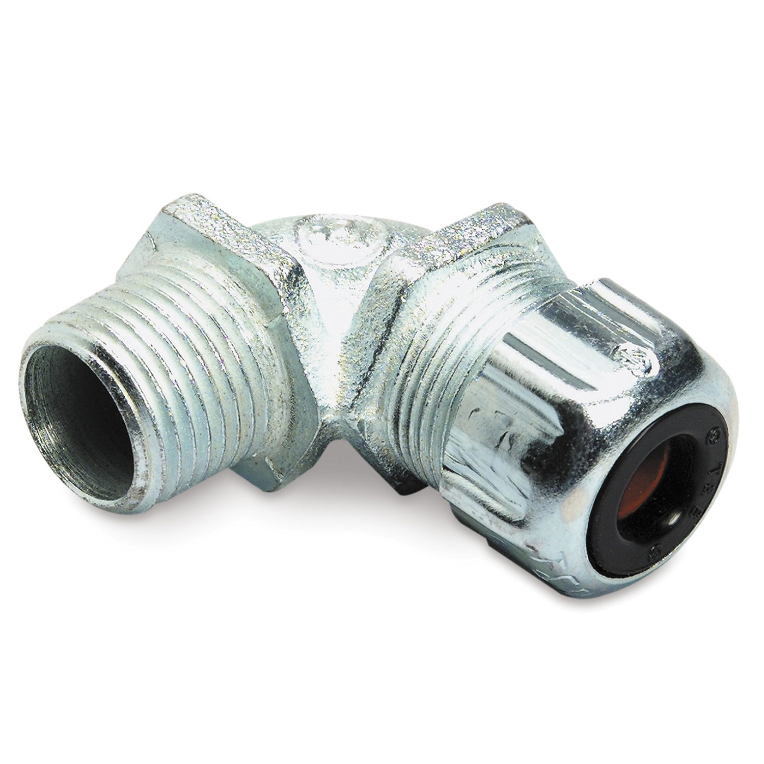 Liquidtight Strain Relief Cord Connector, 1 Inch, 90 Degree Bend, Meets Coast Guard CG293, Cord Range 0.625 to 0.750 Inch, Malleable Iron