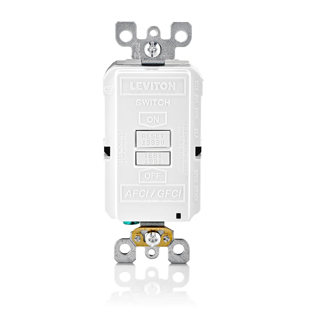 AFCI/Self-Test GFCI Blank Face, Lighted, 20A-125V Feed-through, White, W/White Test And Reset Buttons, W/ Mounting Screws, Washers, Instruction Sheets And Self-ground Clip, Less Wallplate And Wallplate Screws,
