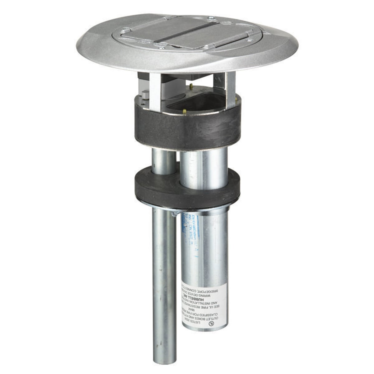 In-Floor Delivery Systems, SystemOne, Fire Rated Poke-Through, 1 Piece Unit, 3-Unit Hubbell iSTATION Opening, Single 20A, 125V Receptacle, Cover with Aluminum Finish