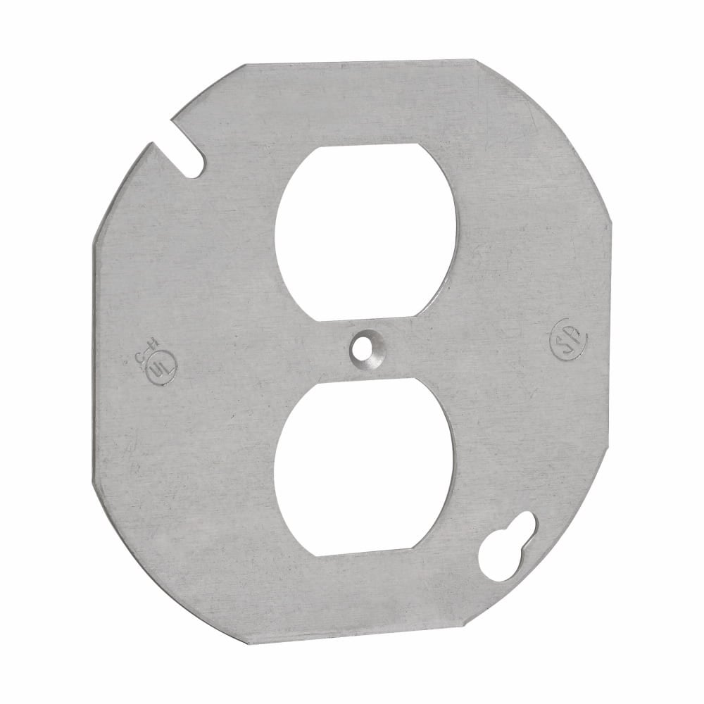 Eaton Crouse-Hinds series Octagon Box Cover, 4", Steel, Flat, for duplex receptacle