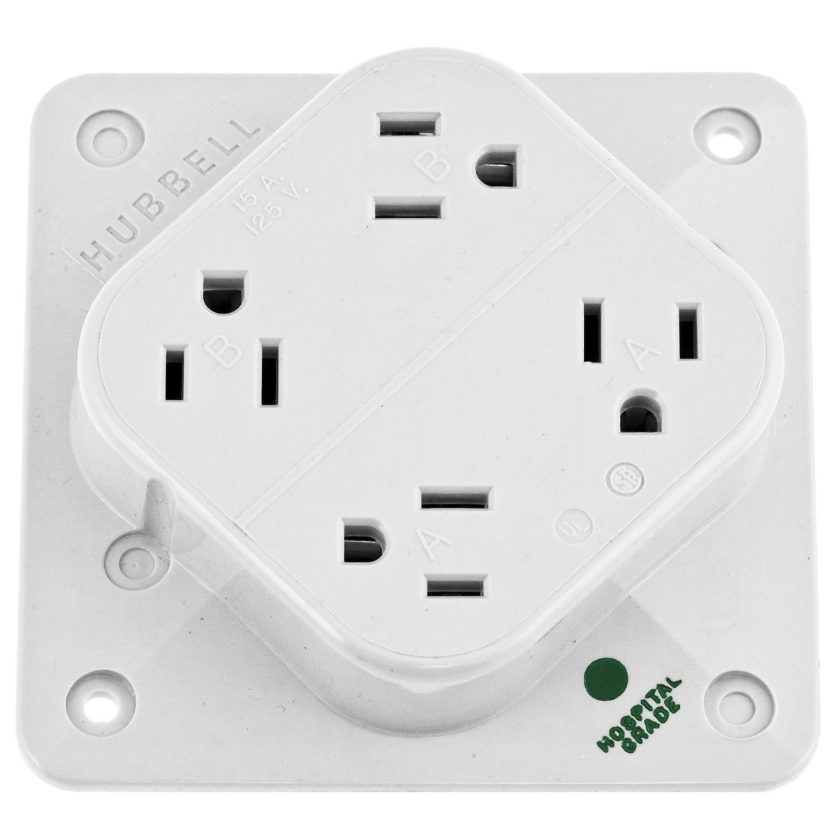 Straight Blade Devices, Receptacles, 4- Plex, Hospital Grade, 2-Pole 3-Wire Grounding, 15A 125V, 5-15R, White, Single Pack.