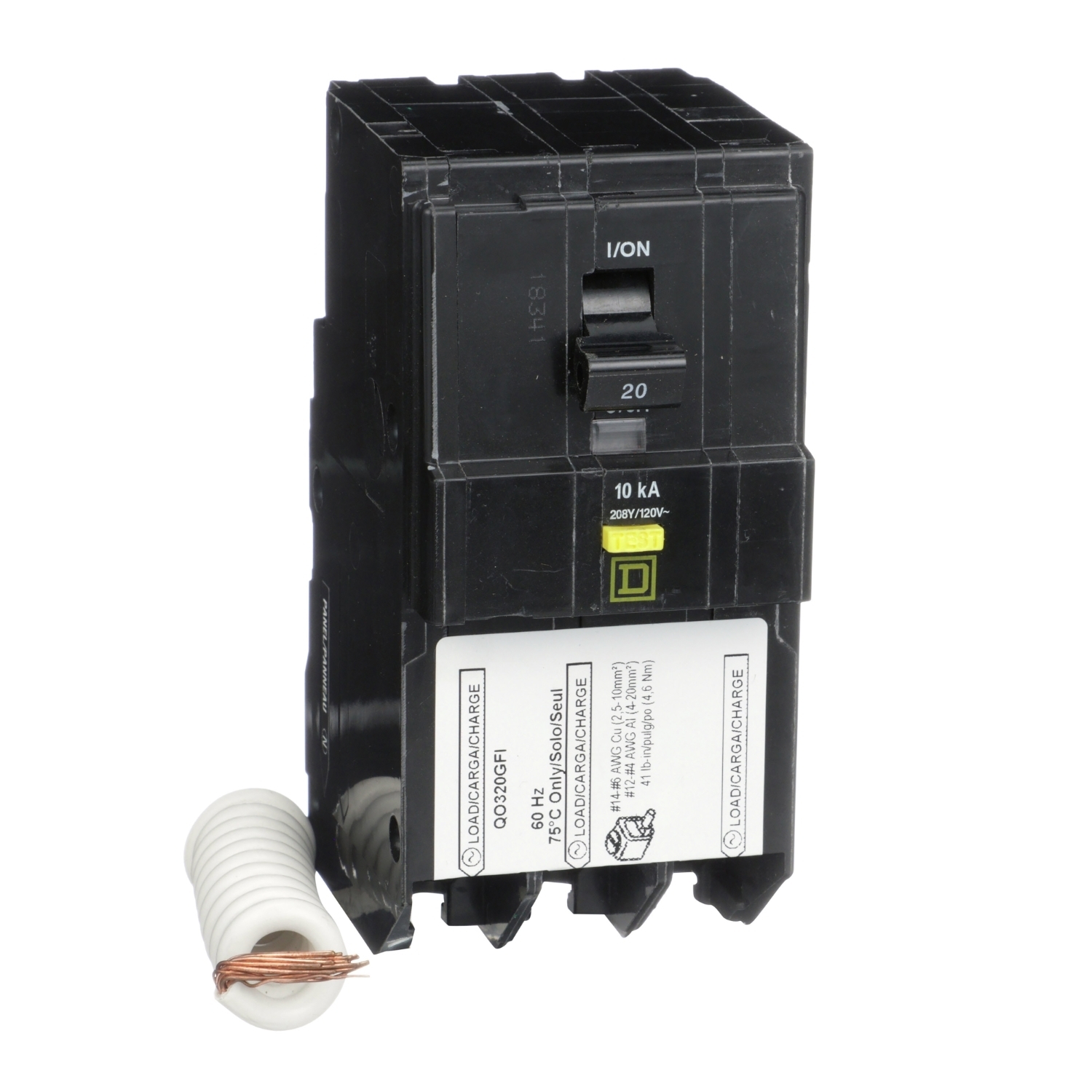 Mini circuit breaker, QO, 20A, 3 pole, 208Y/120VAC, 10kA, plug in, 6mA grd fault A, pigtail [TAA]