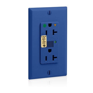 20 Amp, 125 Volt, Decora Plus Duplex Receptacle, Straight Blade, Hospital Grade, Isolated Ground, Surge with Indicator Light, Blue