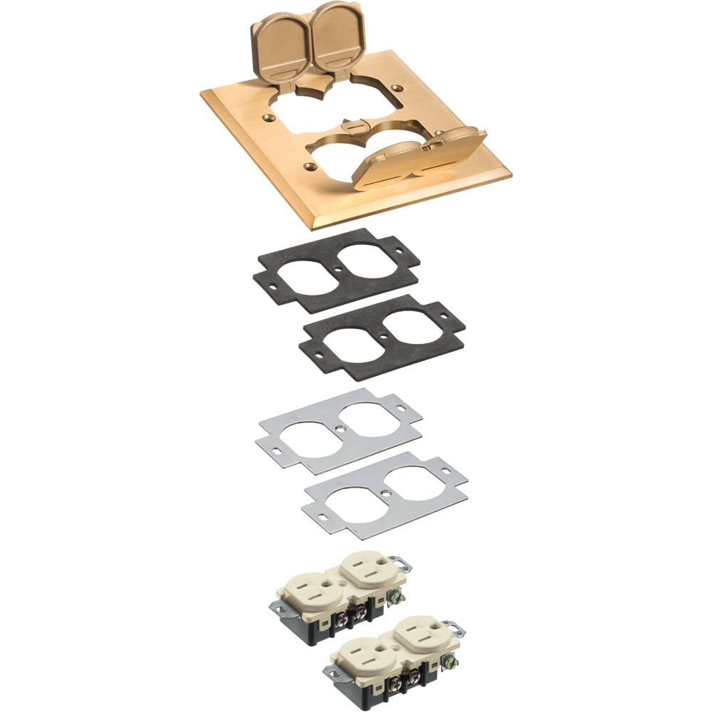 Metal Covers with flip lids. 2 Gang with gasket and tamper resistant receptacles. Brass.