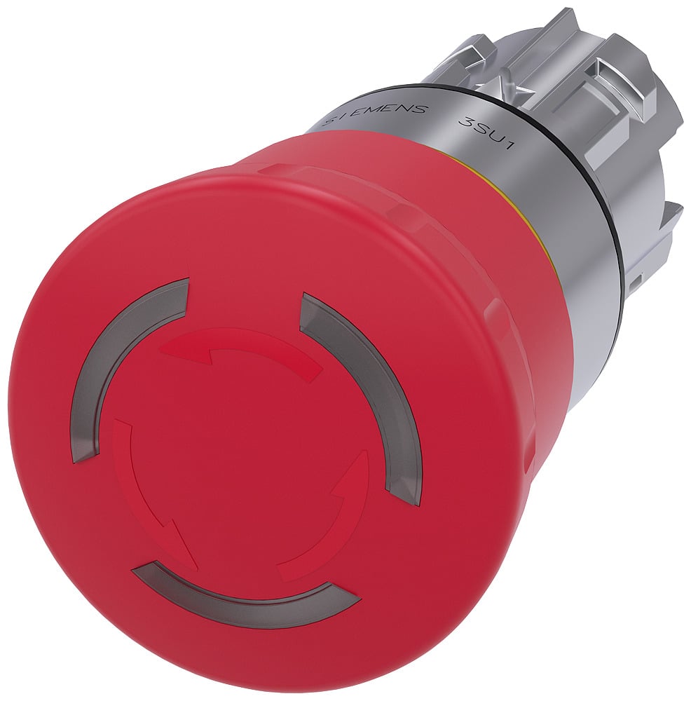 Ill. em. stop mushr. pushb., 22mm, round, metal, shiny, red, 40mm, positive latching, rotate to unlatch