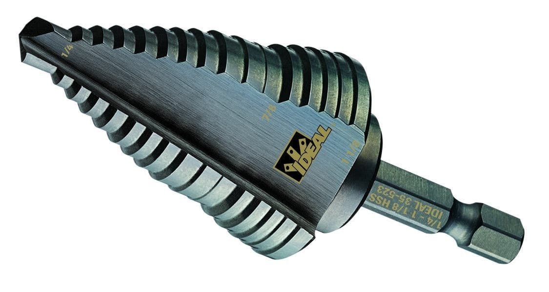 Quick Change Step Drill Bit, Number Of Drill Stages: 16, Minimum Drill Diameter: 1/4 IN, Maximum Drill Diameter: 1-1/8 IN, Step Increments: 1/16 IN, Step Thickness: 1/16 IN, 1/4 IN Shank, High Speed Tool Steel
