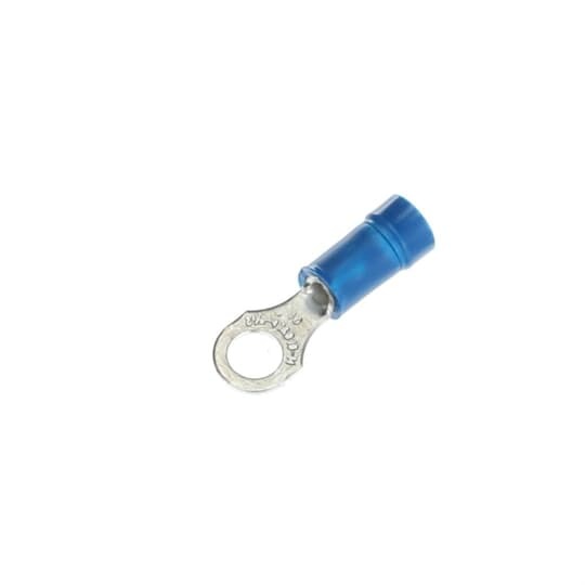 Expanded Vinyl-Insulated Ring Terminal, Length .97 Inches, Width .31 Inches, Maximum Insulation .200, Bolt Hole #10, Wire Range #18-#14 AWG, Color Blue, Copper, Tin Plated