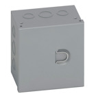 Type 1 junction boxes, 10" height, 4" length, 10" width, NEMA 1, Hinged cover, HC enclosure, Surface mounted, Small single door, 5 top-bottom knockouts,5 side knockouts, Thru holes, Carbon steel