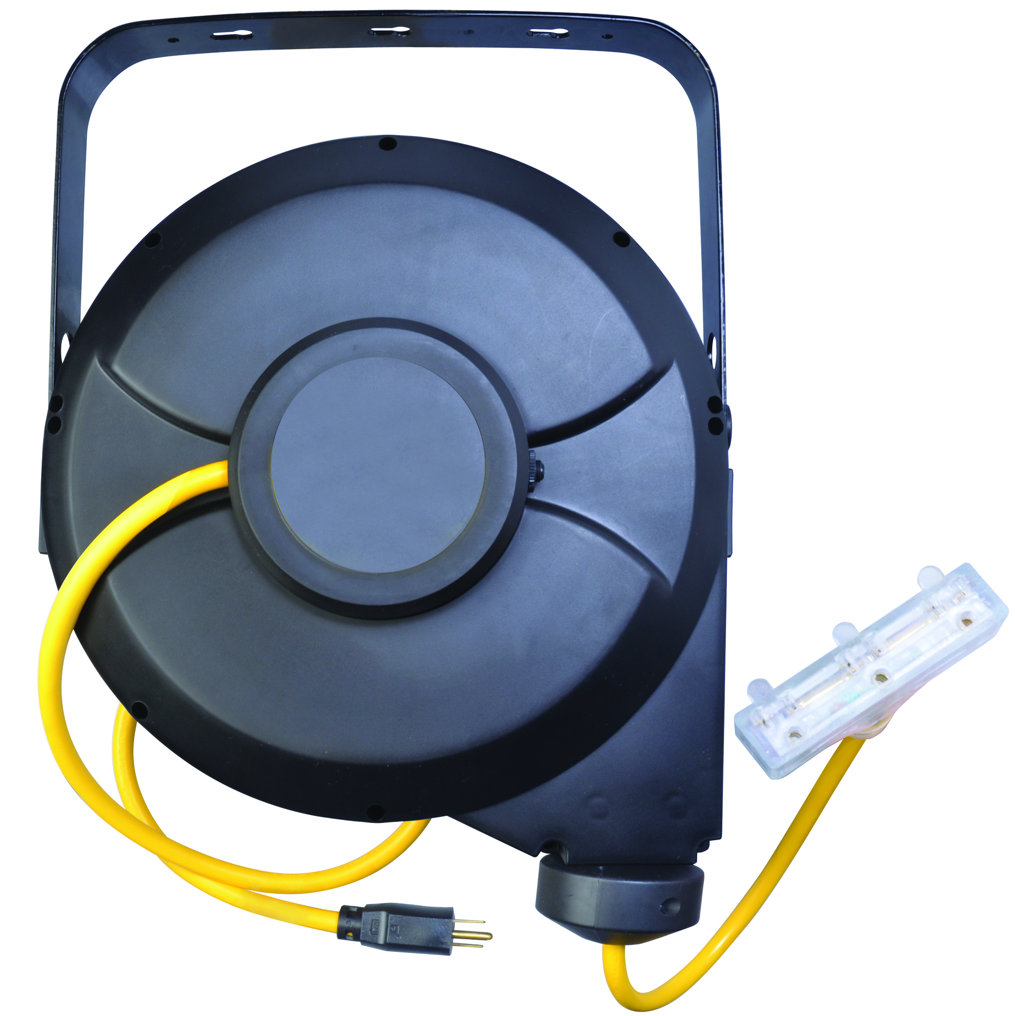 Southwire 482 Heavy Duty Cord Reel with Lighted Power Block, Black, 5-Foot. NEMA 5-15P plug configuration with integrated circuit breaker. 12/3 SJTW extends out to 5-feet, Includes mounting hardware. Tri-source Tap with Powder indicator light, lets you know "Where Power Is". Suitable for indoor dry locations, commercial duty cord reel. Housing constructed of extra tough abs plastic. Intended to provide extra light or power where you need it in the factory workshop, basement, or garage.