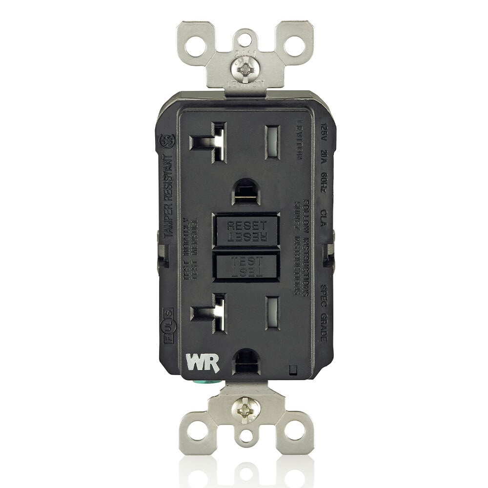 Self-Test Tamper Resistant, Weather Resistant GFCI Receptacle. Nema 5-20R 20A-125V At Receptacle, 20A-125V Feed-through - Black With Black Test And Reset Buttons