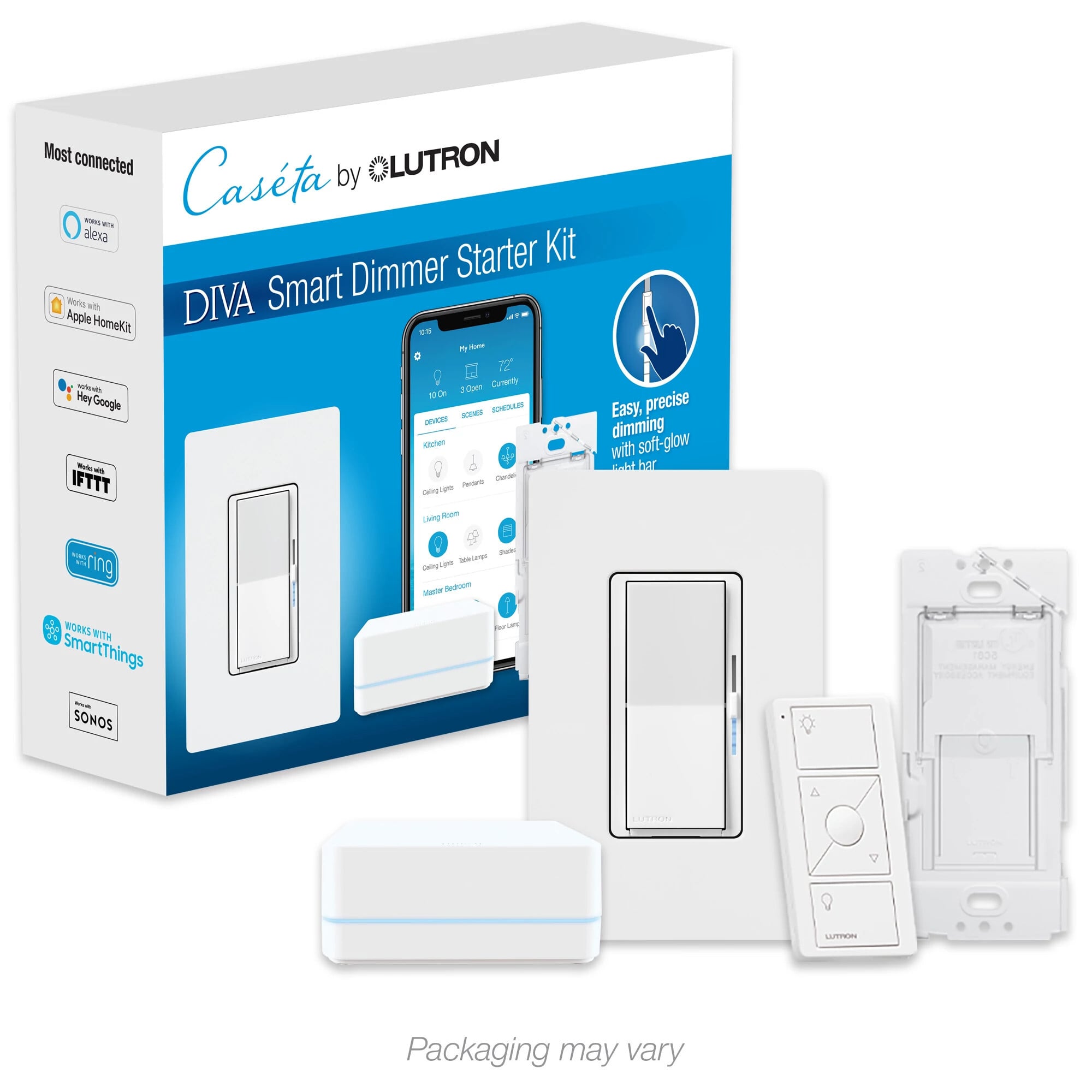 Lutron Diva Smart Dimmer Switch Kit for Caseta smart lighting, with Smart Hub and Pico Remote