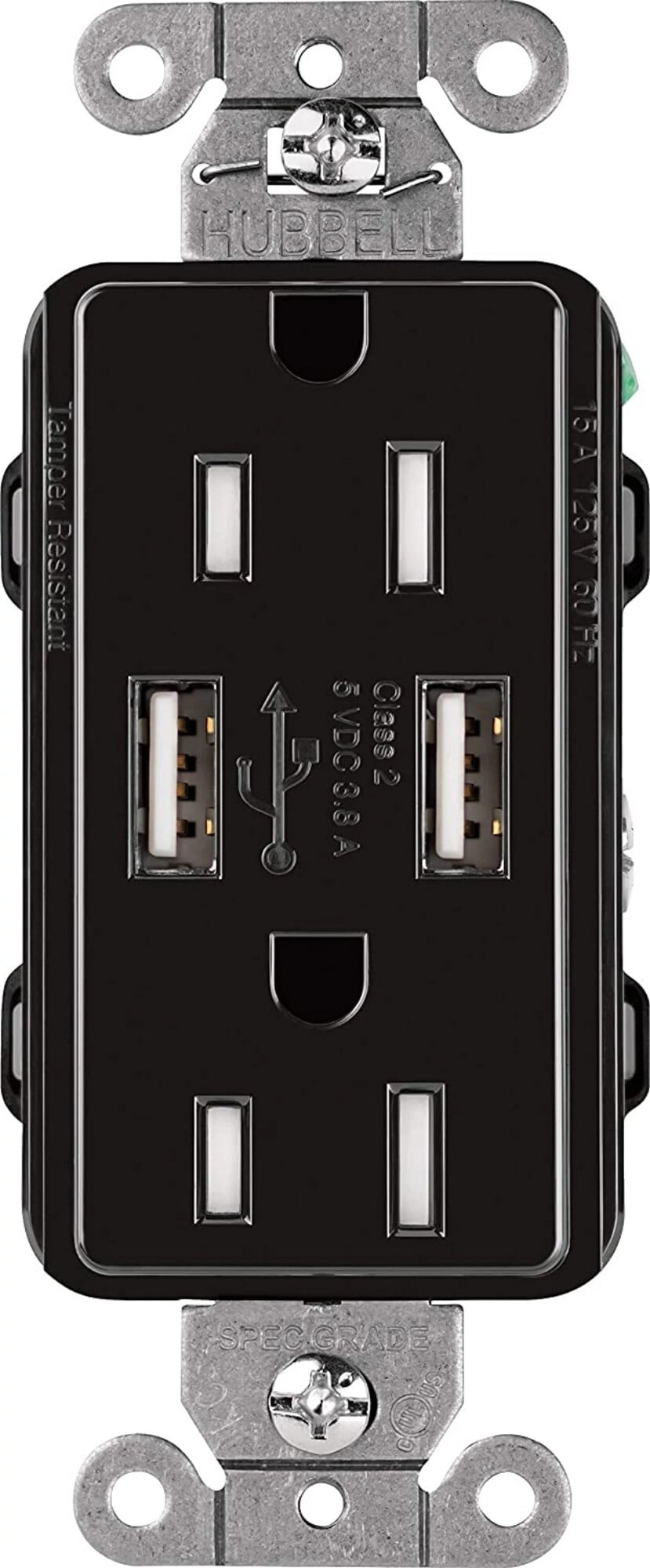 Lutron Claro USB Type A 2.0 Duplex Receptacle, 15 Amp, Black