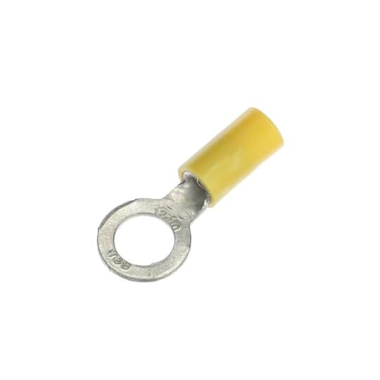 Vinyl-Insulated Ring Terminal, Length 1.17 Inches, Width .50 Inches, Maximum Insulation .210, Bolt Hole 5/16 Inch, Wire Range #12-#10 AWG, Color Yellow, Copper, Tin Plated