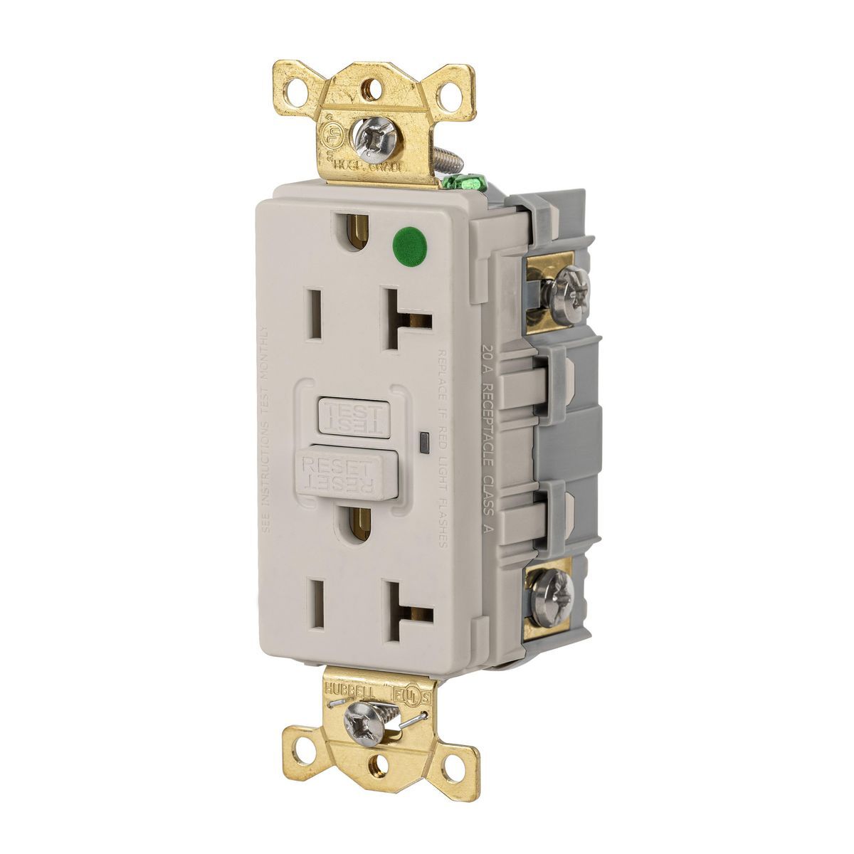 Straight Blade Devices, Receptacle, GFCI, Commercial Hospital Grade, Self Test, 20A 125V, 2-Pole 3-Wire Grounding, 5-20R, Light Almond