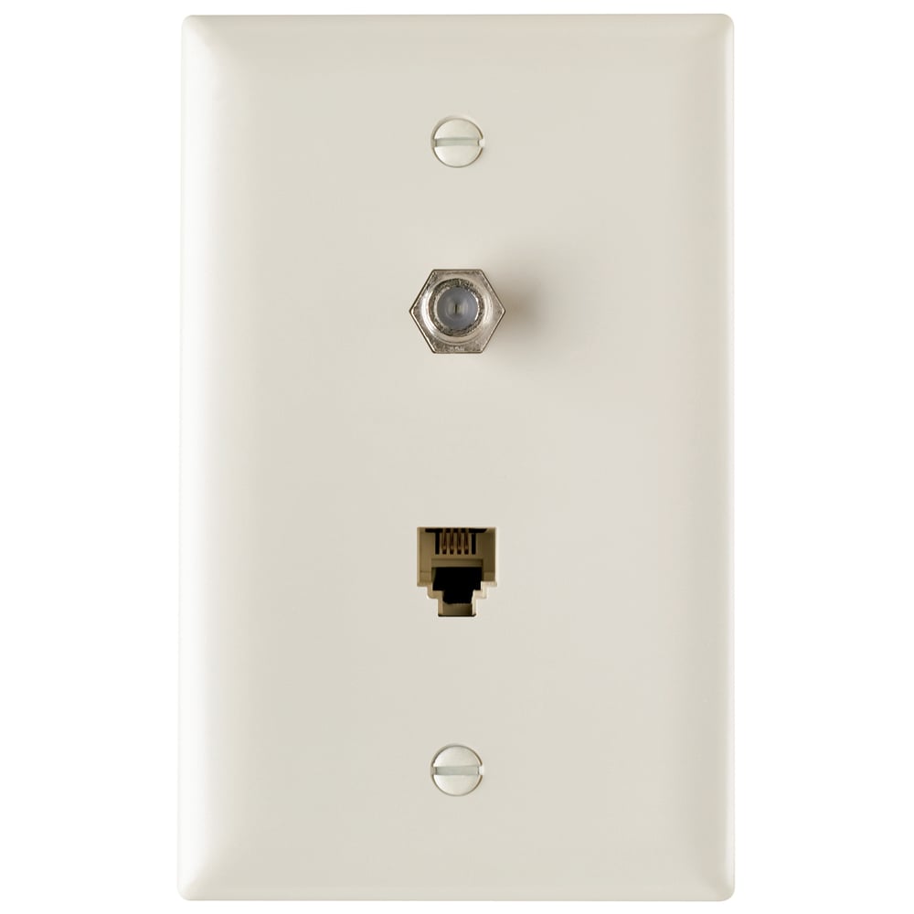 Combination f type coaxial connector and four conductor RJ11 telephone jack. Light Almond.