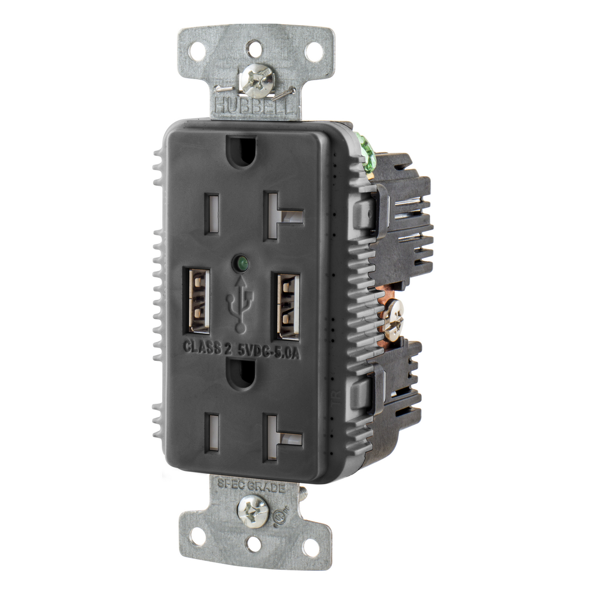 USB Charger Duplex Receptacle, 20A 125V,2-Pole 3-Wire Grounding, 5-20R, 2) 5A USB Ports, Black