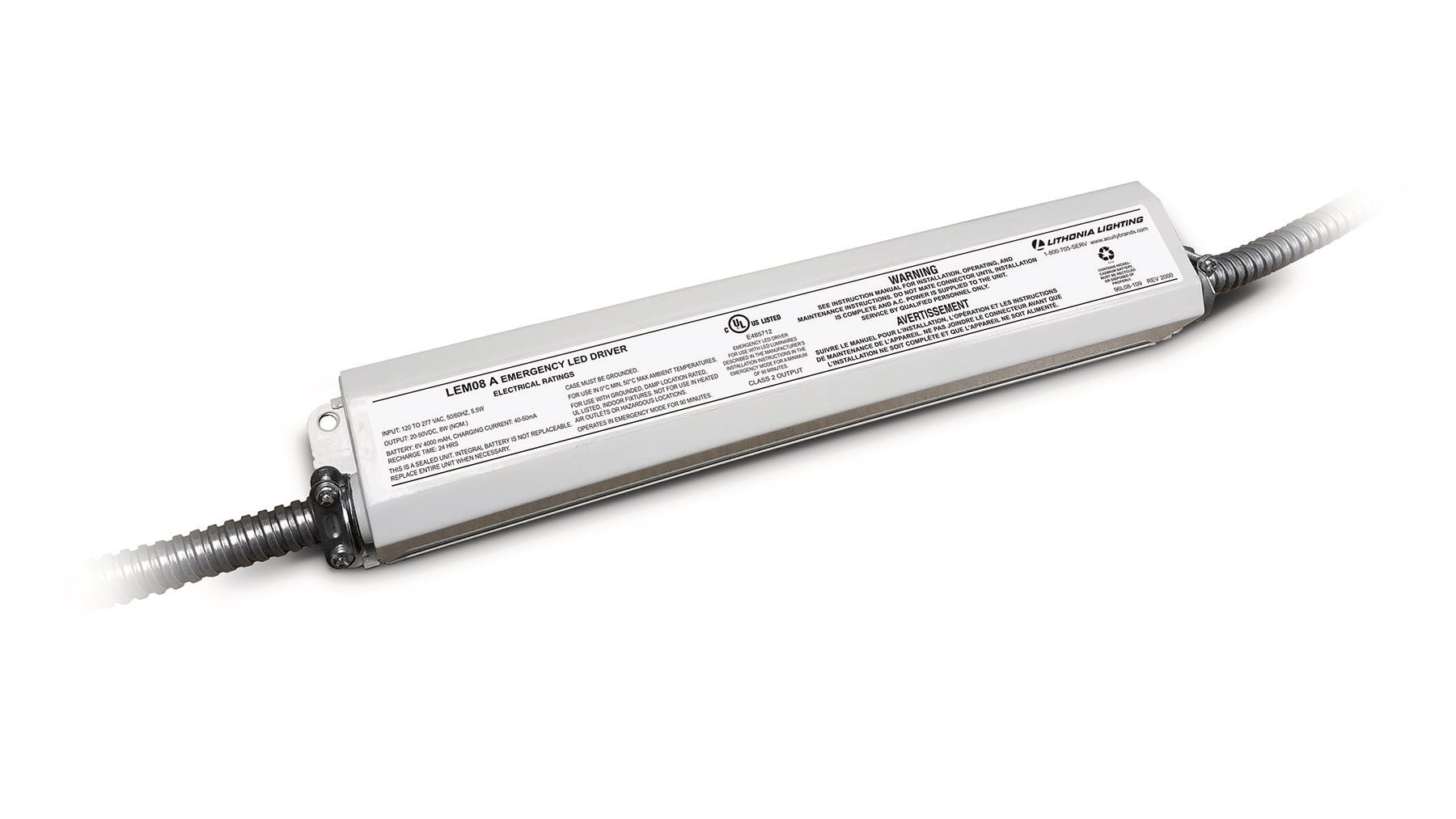 The LEM08 emergency LED driver enables the lighting fixture to deliver a minimum of 90 minutes illumination during a loss of normal AC power. It is UL Listed for factory or field installation with indoor, damp location luminaires utilizing 20-50VDC output