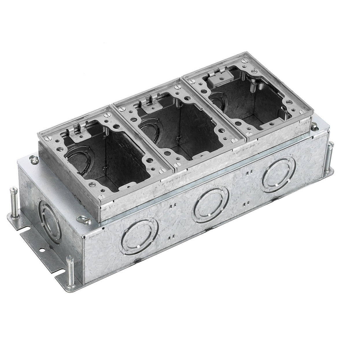 Flush Concrete Floor Box Series, 3-Gang, Rectangular, Galvanized Stamped Steel Box, Deep, Fully Adjustable, Aluminum Top
