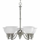 The Madison collection features etched glass with transitional elements. Simplified vintage style. Five-light reversible chandelier. Glass can be reversed to cast light up or down. Brushed Nickel finish.