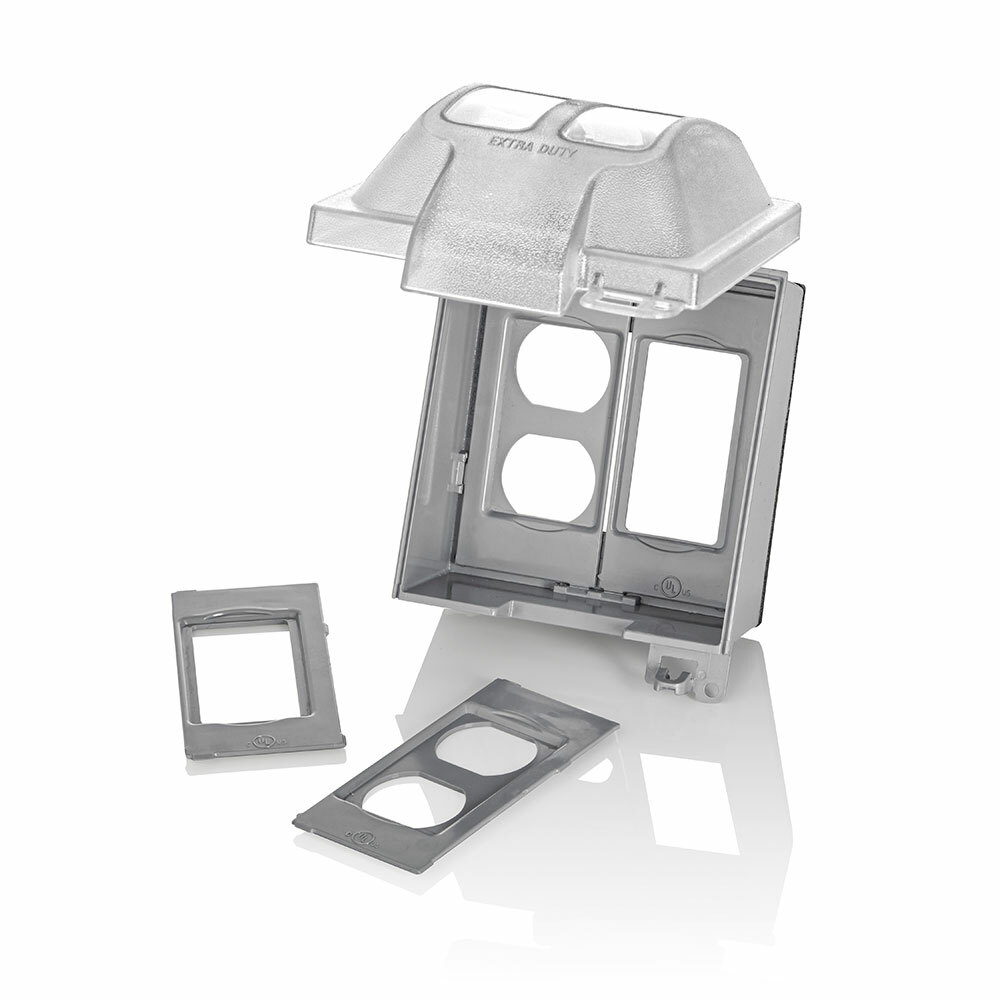 2-Gang Extra Duty While-In-Use Cover for GFCI/Decora and Duplex Outlets, Polycarbonate, Device Mount Vertical, Lid - Clear