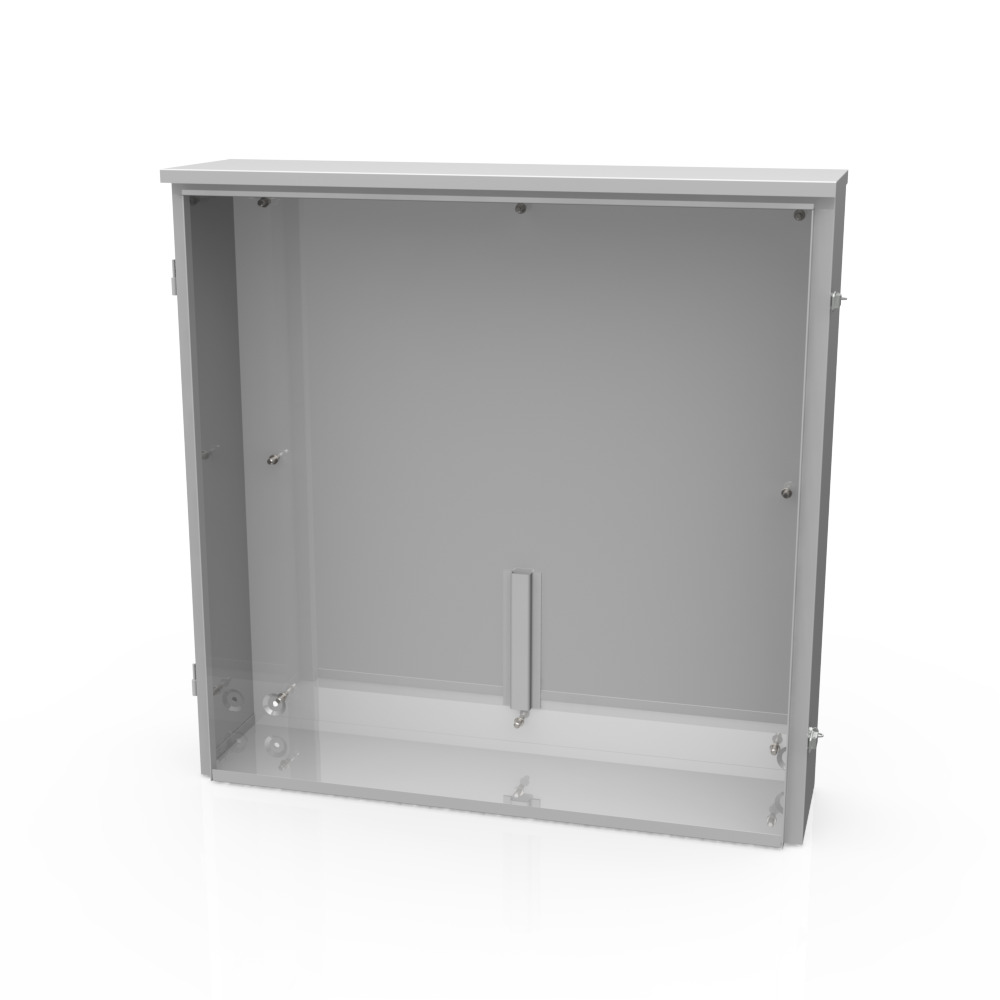 36x8x36 Hinge Cover Type 3R UL Listed Steel No Knockouts ANSI 61 Gray Back Panel Weld Studs Drip Shield Emboss Mounting Holes in Back Padlocking Draw Latch Quad D Knockout for Lock