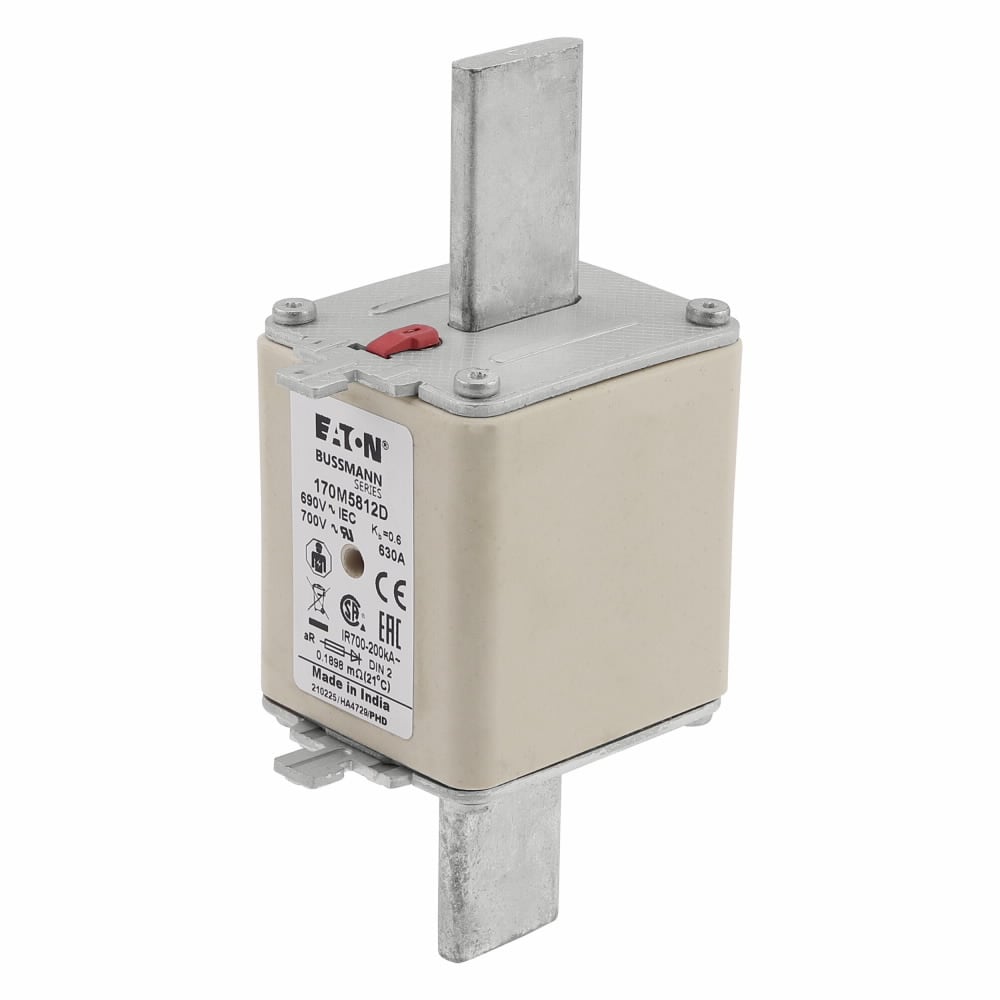 Eaton Bussmann series high speed square body fuse, 700V (UL), 690V (IEC), 630A, 200 kAIC, Combination fuse status indicator, Fuse, Din 43-620 blade end X Din 43-620 blade end, Class aR