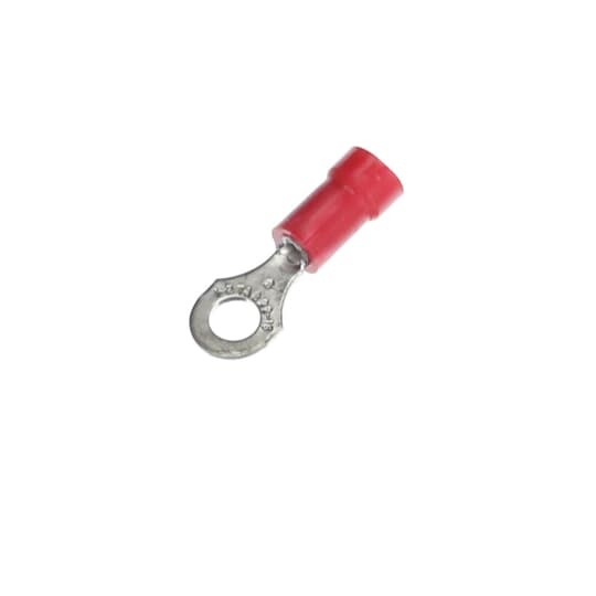 Vinyl-Insulated Ring Terminal, Length .97 Inches, Width .31 Inches, Maximum Insulation .150, Bolt Hole #8, Wire Range #22-#18 AWG, Color Red, Copper, Tin Plated, 1,000 Pack