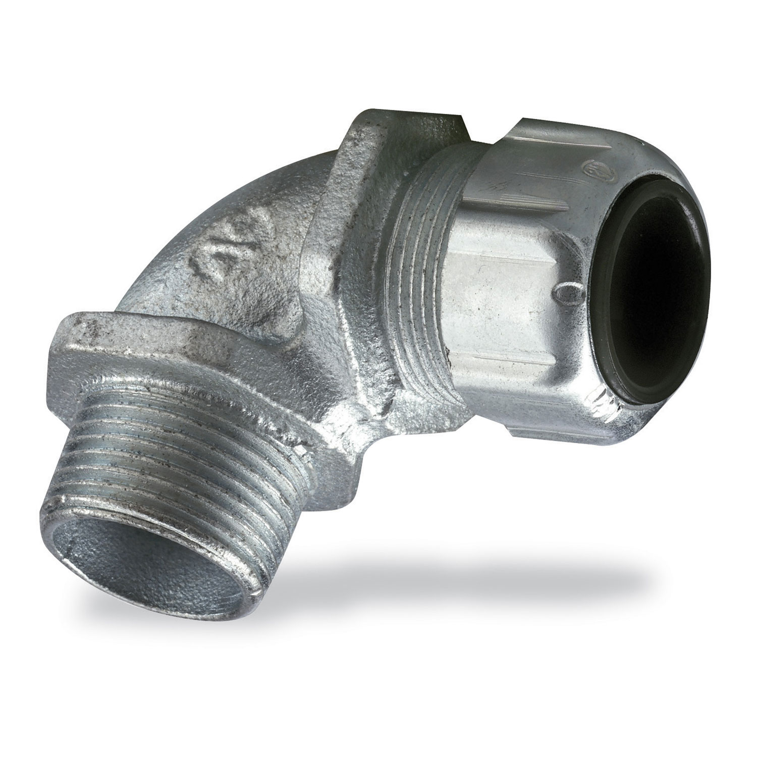 Liquidtight Strain Relief Connector, 3/4 Inch, 90 Degree Bend, Cord Range 0.125 to 0.375 Inch, Throat Diameter 25/32 Inch, Malleable Iron Body, Steel Gland, Plastic Grip, Santropene Bushing