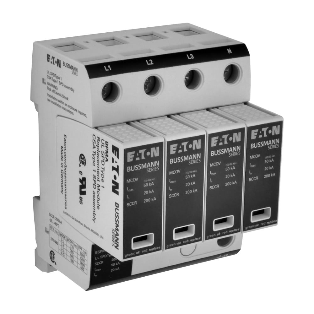 Eaton Bussmann series BSPM series surge arrestor, Technology type MOV, Surge arrestor, Thermoplastic, UL94V6, 50/60 Hz, 200 Kilo Ampere, Thermoplastic, Remote Contact