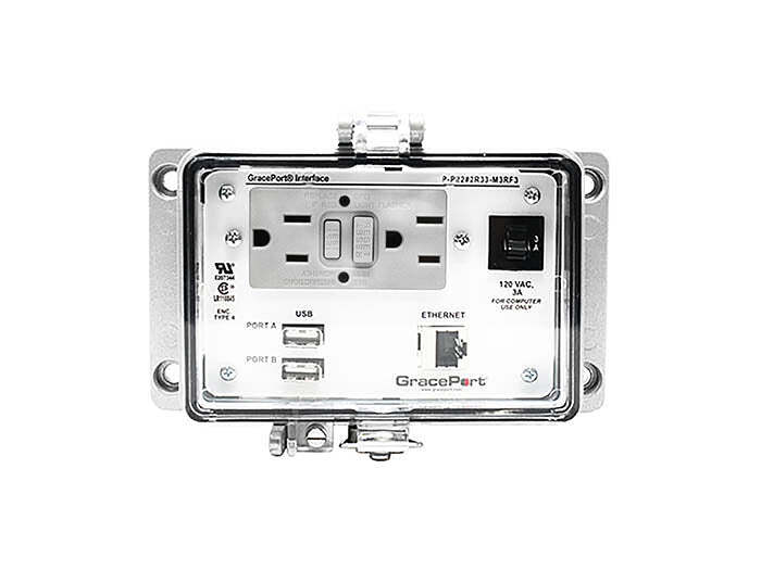 Panel Interface Connector with USB Type A/F to USB Type A/F [Qty 2], Category 5e Shielded Ethernet RJ45 , Panel Mount Housing (6.50 in x 3.78 in), UL Type 4, Domestic GFCI Inside-Outside Rear Duplex Outlet, 3 Amp Circuit Breaker
