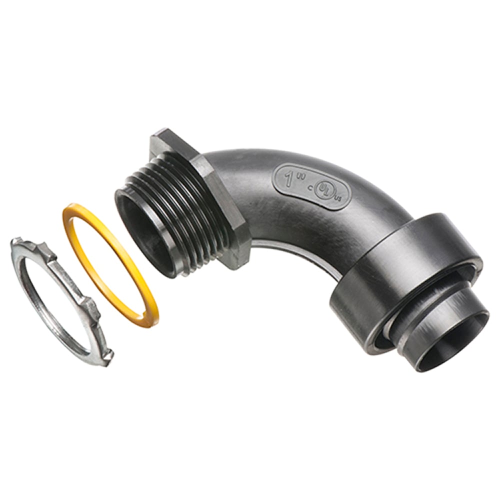 Non Metallic 90 degree screw on straight liquid tight connector for liquid tight conduit type B only. Trade Size 1". Color Black.