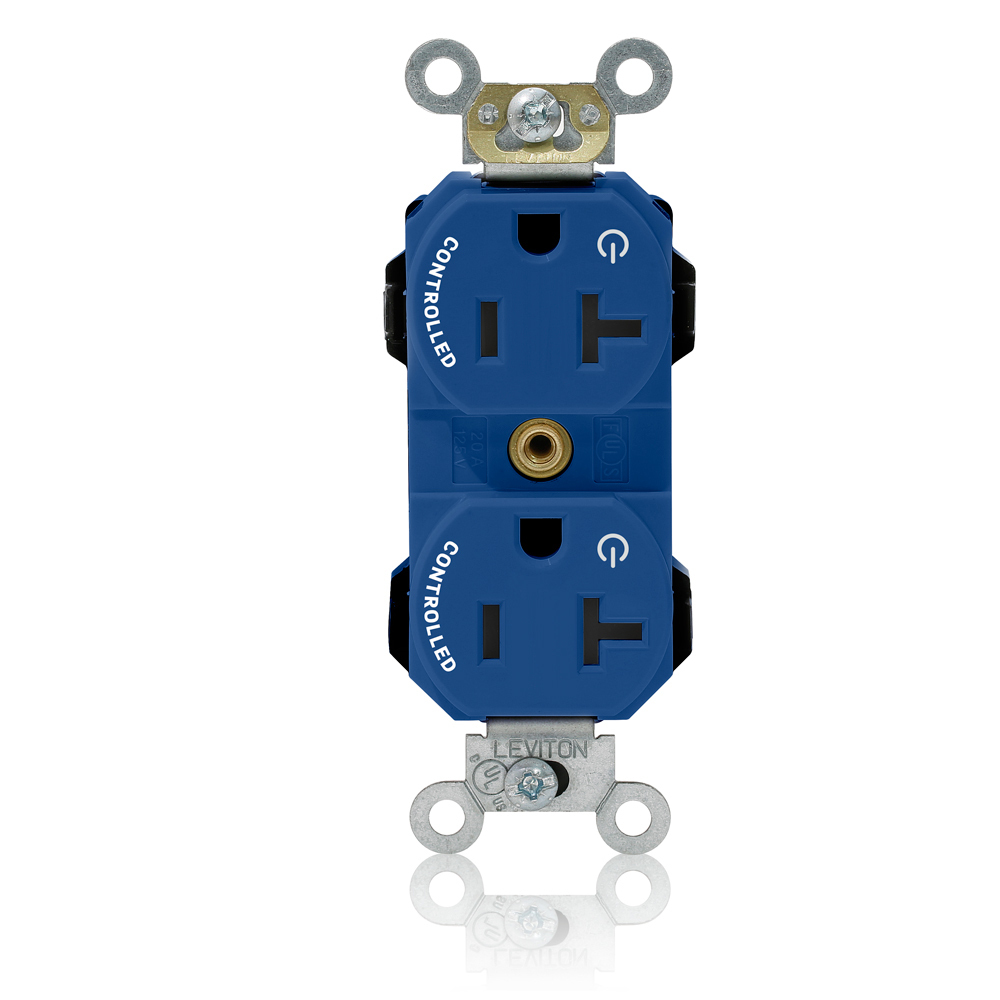 Modular Duplex Receptacle Narrow Body Design, Fed Spec Grade, 2-Pole 3-Wire, NEMA 5-20R, 20A-125V, Commercial Spec Grade, Blue, 2 Plug Controlled Markings.