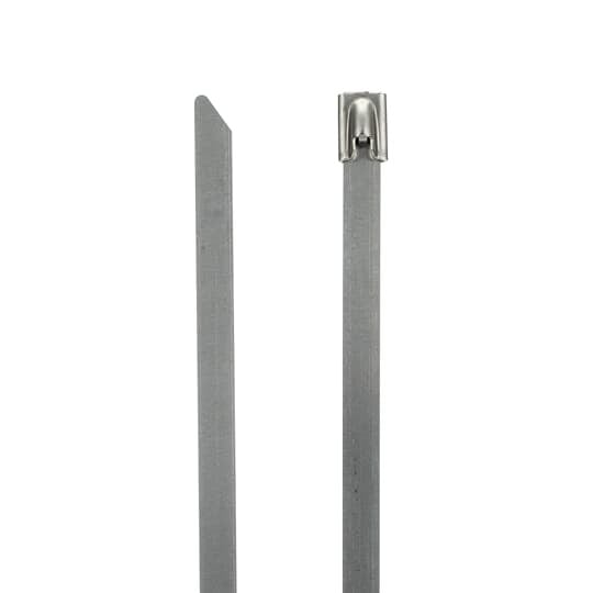 Ball-Lock 304 Stainless Steel Cable Tie, Uncoated, for Temperatures up to 300 Degrees Celsius (572 F) for Indoor and Outdoor Applications, Suitable for High Temperature Environments, UL/EN/CSA62275 Type 2S Rated for AH-1 Plenum, Length of 200mm (7.9 Inches), Width of 7.75mm (0.305 inches), Thickness of 0.25mm (0.01 Inches), Tensile Strength Rating of 2002 Newtons (450 Pounds)